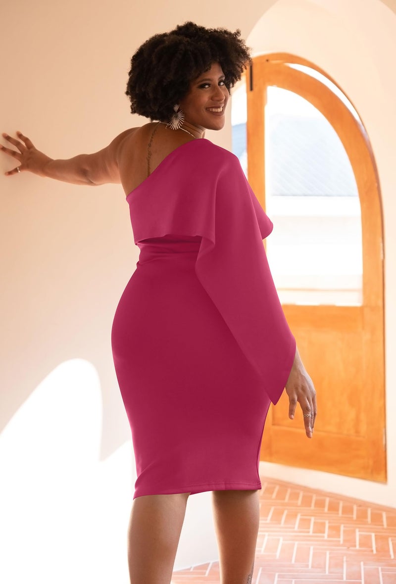 GOBLES Women's Elegant Asymmetrical One Shoulder Cape Bodycon Party Cocktail Midi Dress Rose - Image 3